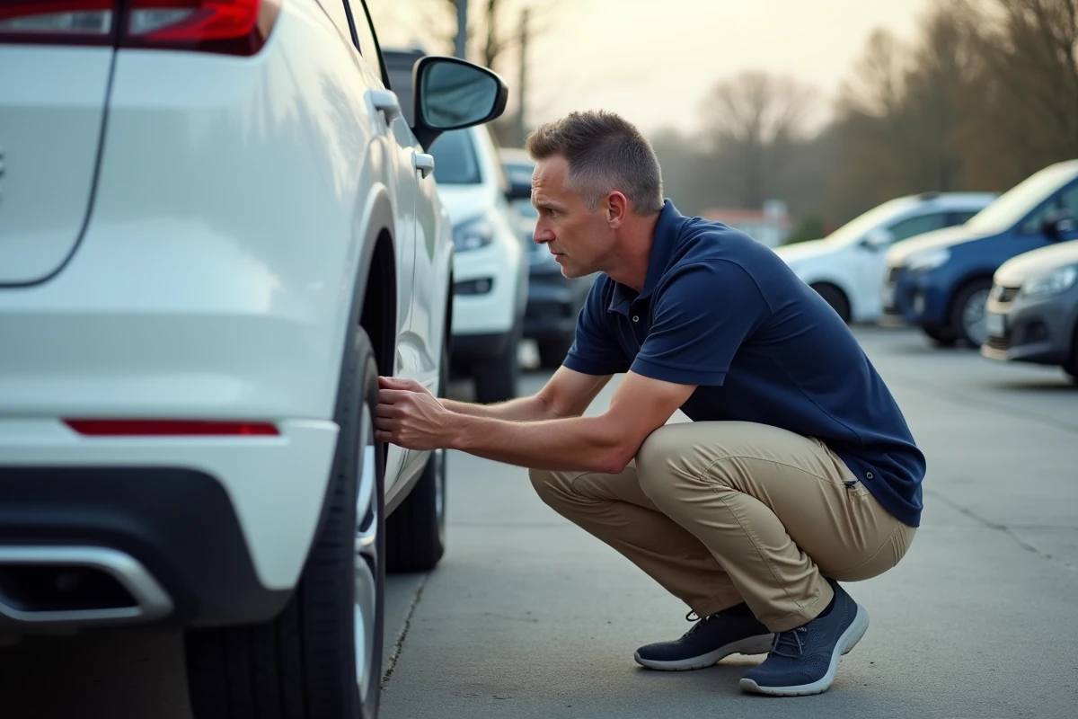 Inspecteur automobile examinant une Seat Ateca blanche d'occasion dans un parking de concession