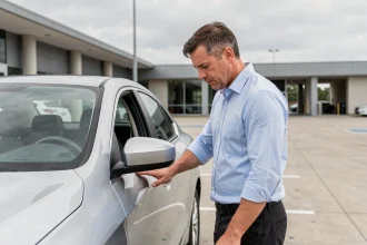 Un homme inspecte attentivement la carrosserie d'une voiture d'occasion dans un parking de concession automobile