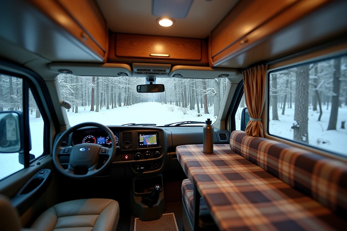 Intérieur chaleureux d'un camping-car poids lourd aménagé pour l'hiver avec vue sur la forêt enneigée
