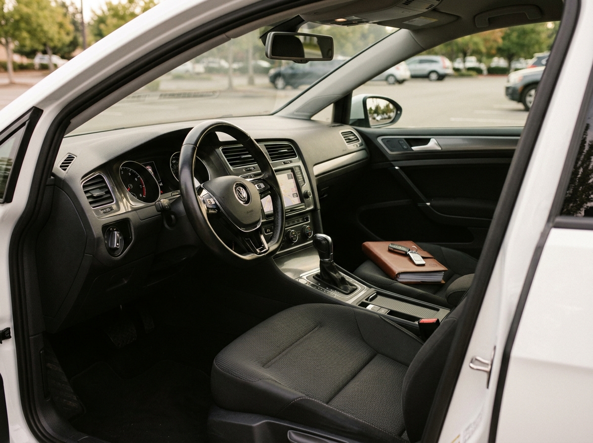 Intérieur soigné d'une Golf 7 avec carnet d'entretien et clés originales posés sur le siège passager