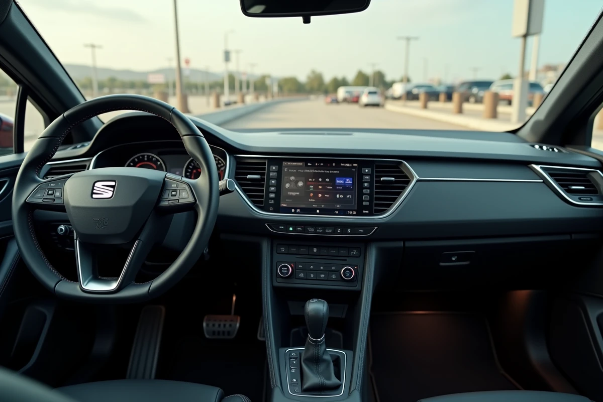 Intérieur d'une Seat Ateca d'occasion montrant le tableau de bord et l'écran tactile avec usure normale