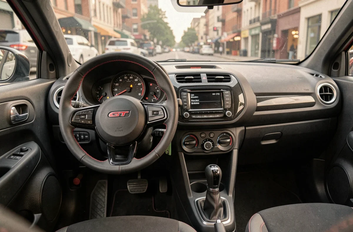 Intérieur et tableau de bord d'une voiture sans permis style GTI avec finitions sportives