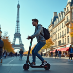 Jeune adulte roulant en scooter électrique à Paris avec la Tour Eiffel en arrière-plan