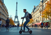Jeune adulte roulant en scooter électrique à Paris avec la Tour Eiffel en arrière-plan