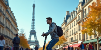 Jeune adulte roulant en scooter électrique à Paris avec la Tour Eiffel en arrière-plan
