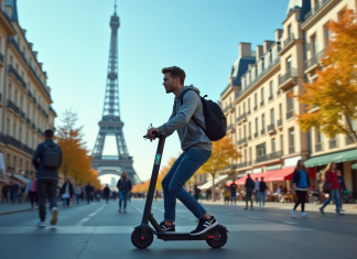 Jeune adulte roulant en scooter électrique à Paris avec la Tour Eiffel en arrière-plan