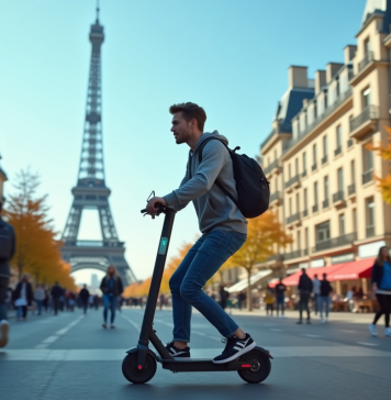 Trottinettes électriques en France : sont-elles légales ? Jeune adulte roulant en scooter électrique à Paris avec la Tour Eiffel en arrière-plan