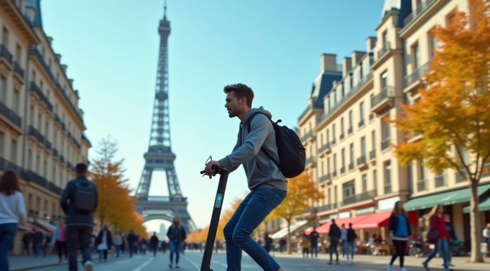 Jeune adulte roulant en scooter électrique à Paris avec la Tour Eiffel en arrière-plan