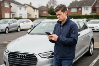 Jeune conducteur consultant les prix d'assurance auto sur son smartphone à côté d'une Audi A3 argentée