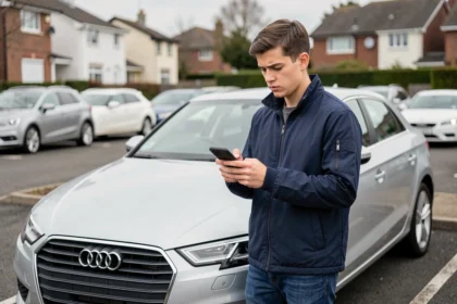 Jeune conducteur consultant les prix d'assurance auto sur son smartphone à côté d'une Audi A3 argentée