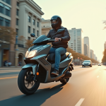 Jeune adulte roulant en moto 125cc en ville avec casque et gear