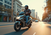 Jeune adulte roulant en moto 125cc en ville avec casque et gear