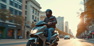 Jeune adulte roulant en moto 125cc en ville avec casque et gear