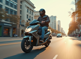 Jeune adulte roulant en moto 125cc en ville avec casque et gear