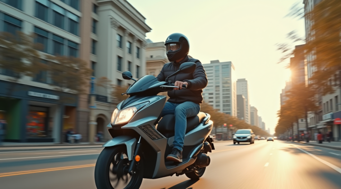 Jeune adulte roulant en moto 125cc en ville avec casque et gear