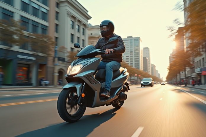 Jeune adulte roulant en moto 125cc en ville avec casque et gear