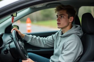 Jeune conducteur en permis probatoire concentré au volant face à une zone de travaux
