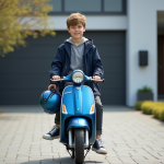 Assurer un scooter : à partir de quel âge est-ce possible ? Jeune garçon en windbreaker avec scooter devant maison moderne