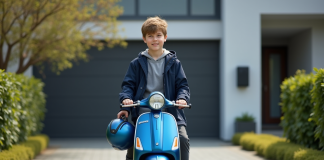 Jeune garçon en windbreaker avec scooter devant maison moderne