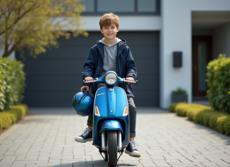 Jeune garçon en windbreaker avec scooter devant maison moderne