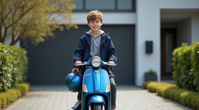 Assurer un scooter : à partir de quel âge est-ce possible ? Jeune garçon en windbreaker avec scooter devant maison moderne