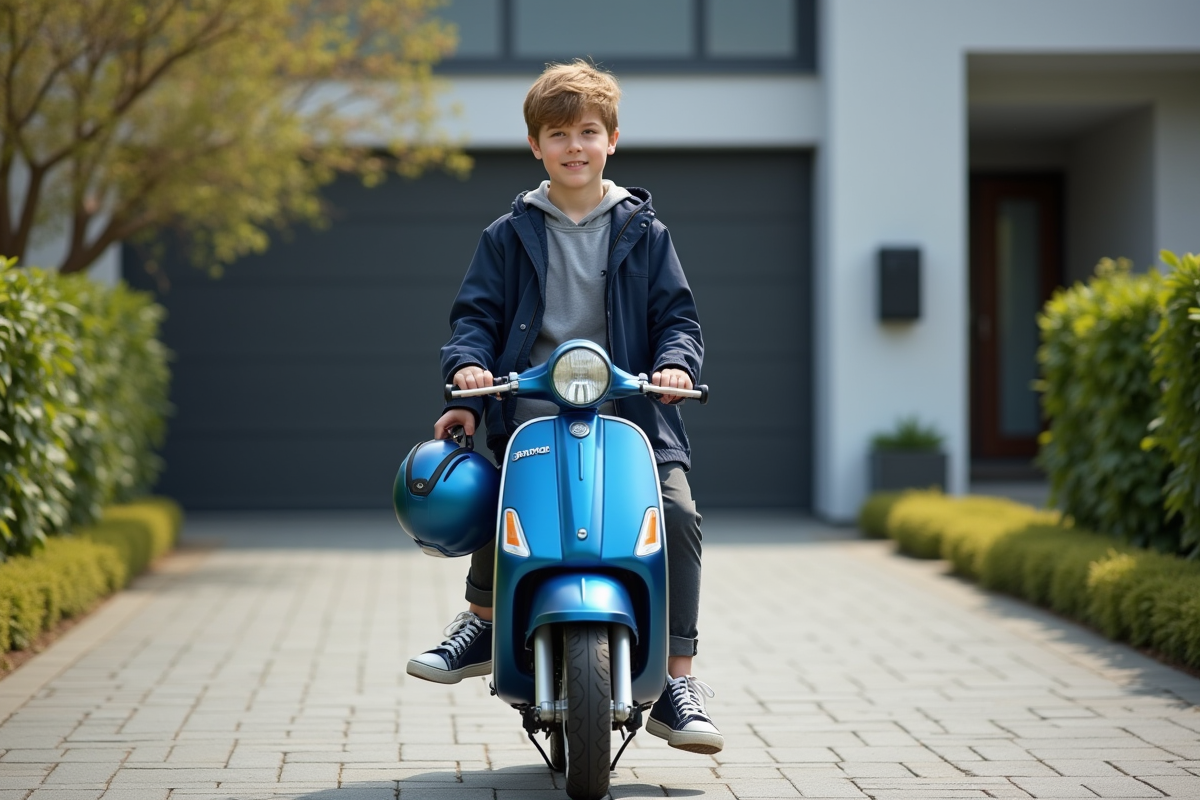 Jeune garçon en windbreaker avec scooter devant maison moderne