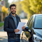 Jeune conducteur souriant avec clés et documents d'assurance