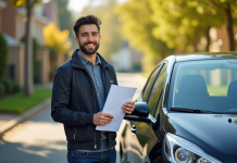 Jeune conducteur souriant avec clés et documents d'assurance
