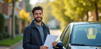 Jeune conducteur souriant avec clés et documents d'assurance