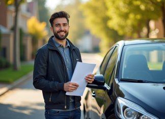 Jeune conducteur souriant avec clés et documents d'assurance