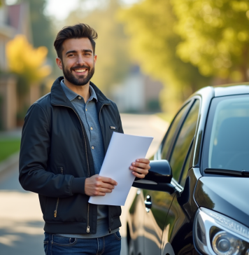 Jeune conducteur souriant avec clés et documents d'assurance