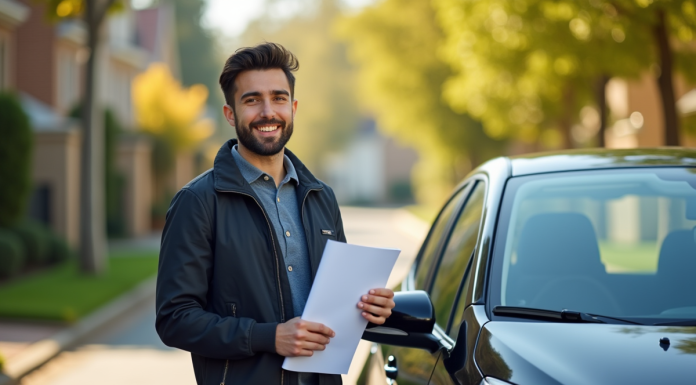 Jeune conducteur souriant avec clés et documents d'assurance