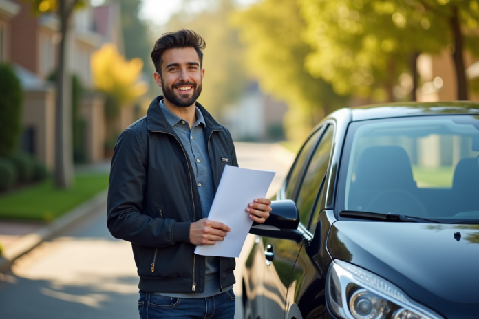 jeune-conducteur-voiture-compacte Jeune conducteur souriant avec clés et documents d'assurance