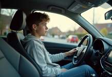 Jeune conducteur : Peut-il conduire la voiture d’autrui ? Jeune homme en voiture compacte en quartier résidentiel