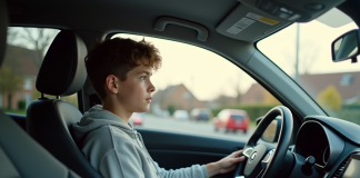 Jeune conducteur : Peut-il conduire la voiture d’autrui ? Jeune homme en voiture compacte en quartier résidentiel