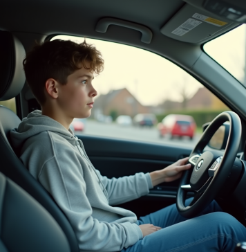 Jeune conducteur : Peut-il conduire la voiture d’autrui ? Jeune homme en voiture compacte en quartier résidentiel