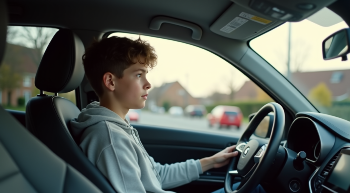 Jeune conducteur : Peut-il conduire la voiture d’autrui ? Jeune homme en voiture compacte en quartier résidentiel