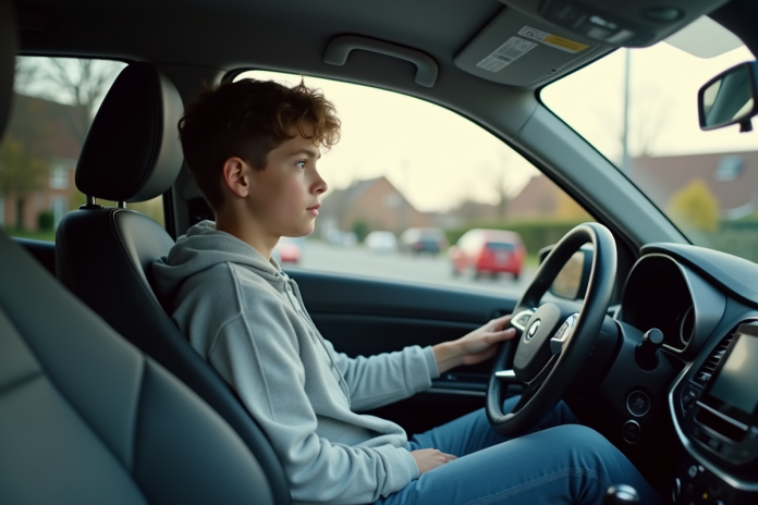 Jeune homme en voiture compacte en quartier résidentiel