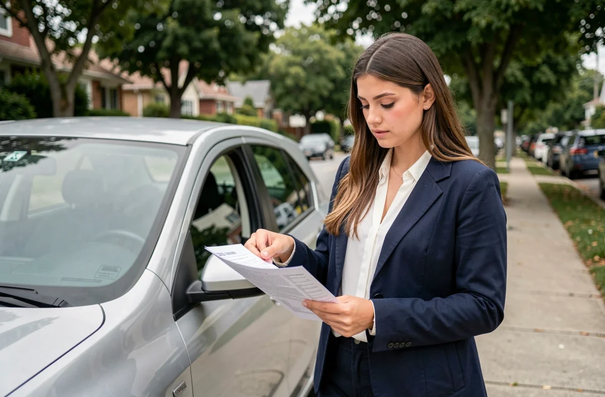 Jeune femme consultant son contrat d'assurance auto à côté d'un véhicule de 7 CV dans une rue résidentielle