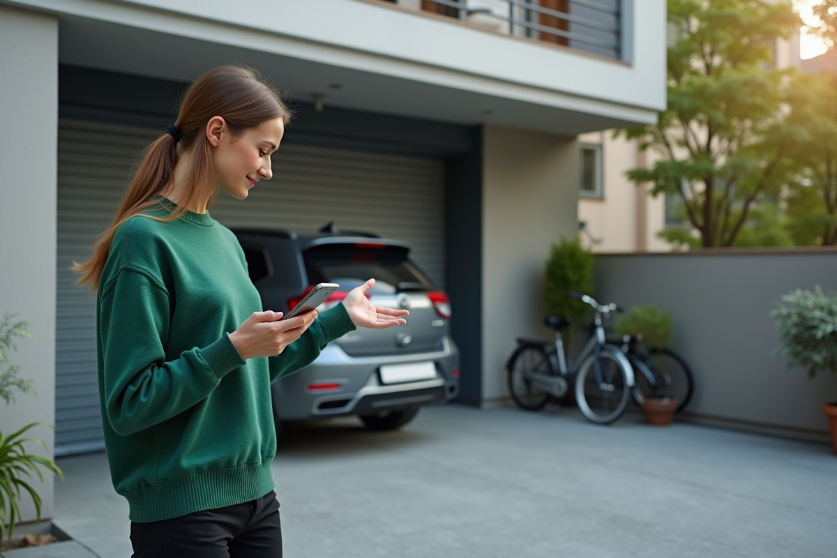 Jeune femme gesticulant devant un garage urbain