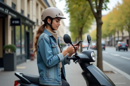 Jeune femme en denim et casque vérifiant son téléphone sur un scooter électrique à Paris