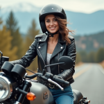 Coiffure en moto : astuces pour rester bien coiffé Jeune femme en moto en pleine nature avec casque