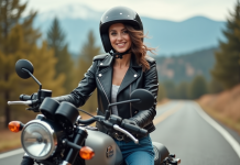 Coiffure en moto : astuces pour rester bien coiffé Jeune femme en moto en pleine nature avec casque
