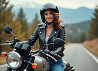 Coiffure en moto : astuces pour rester bien coiffé Jeune femme en moto en pleine nature avec casque