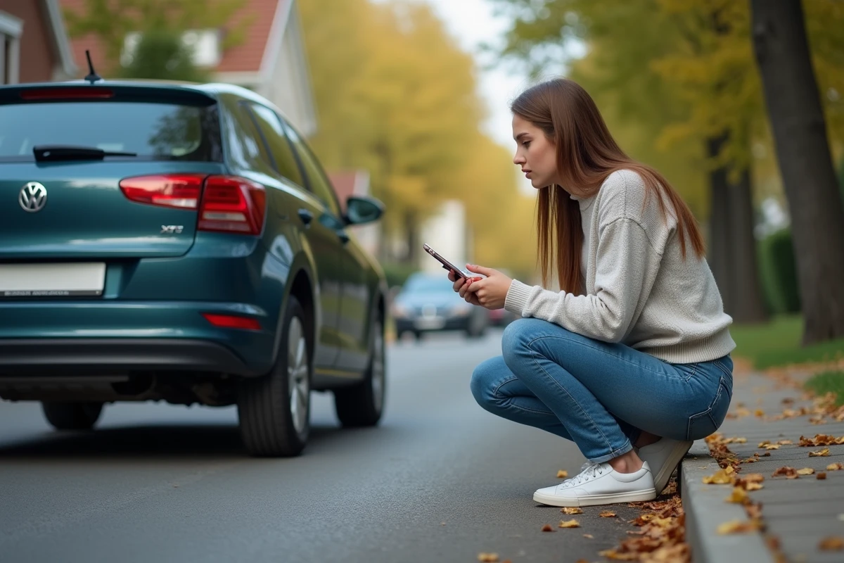 Jeune femme frustrée avec smartphone cassé près de sa voiture