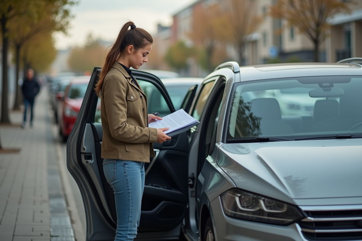 Jeune femme vérifiant documents de vente auto
