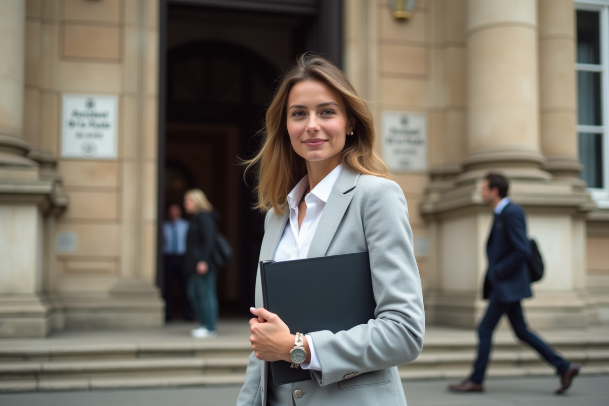 Jeune femme près du tribunal avec dossier loi 1985