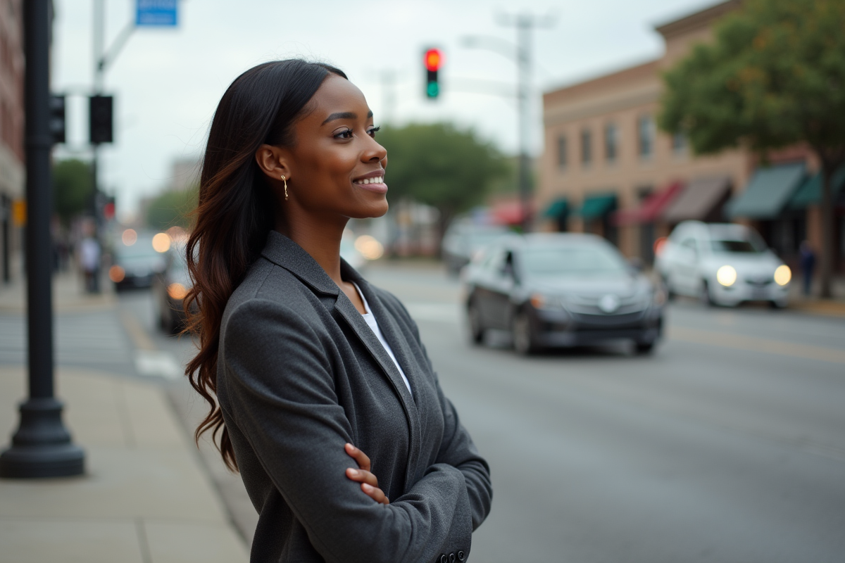 Jeune femme afro-américaine à un feu rouge en ville
