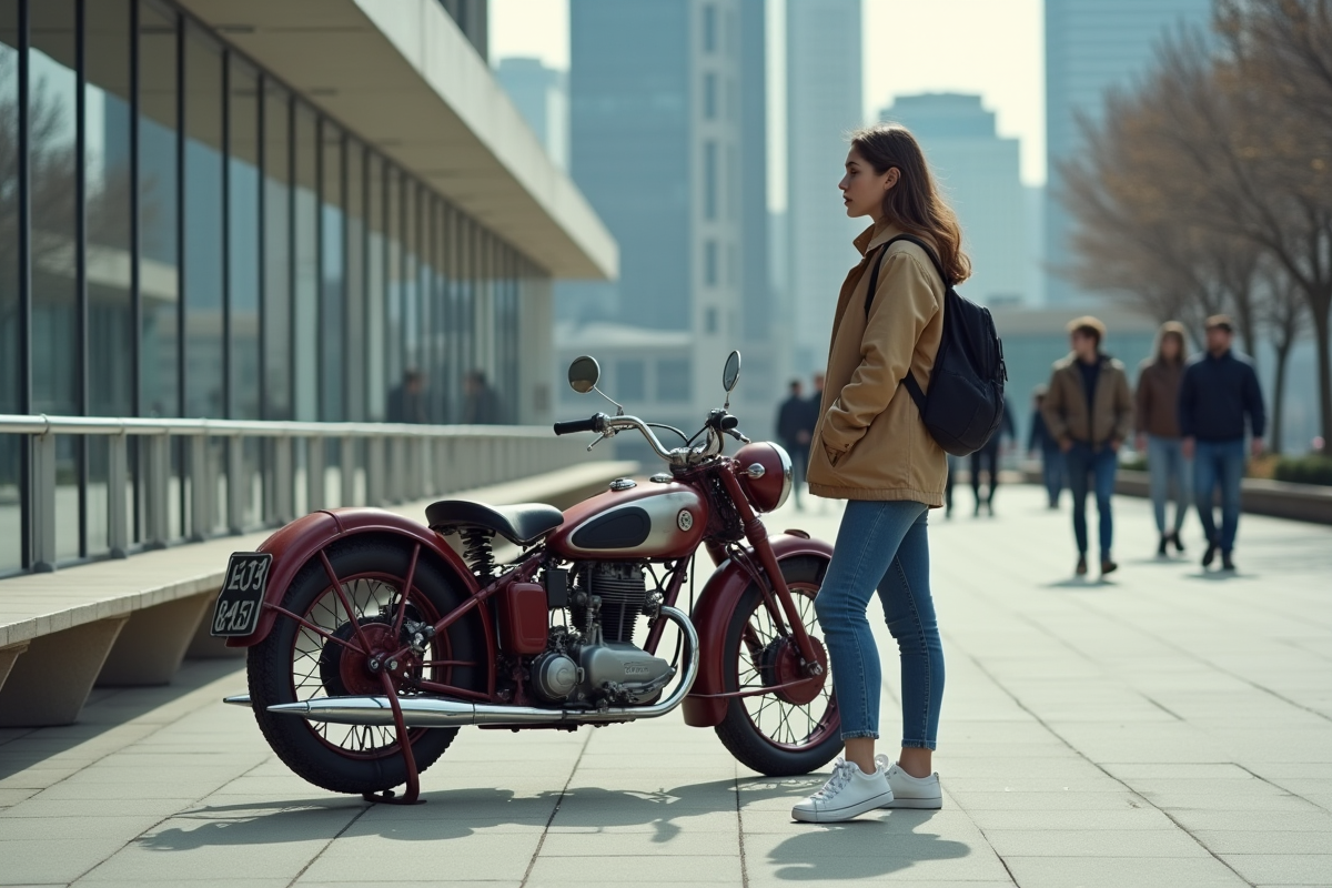 Jeune femme passant devant une moto ancienne en ville moderne