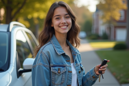 Jeune femme souriante avec clés de voiture devant une voiture en banlieue